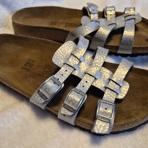 Birkenstock Birki's Xenia Silver Textured Triple-Buckle Sandals Sz 11 Womens